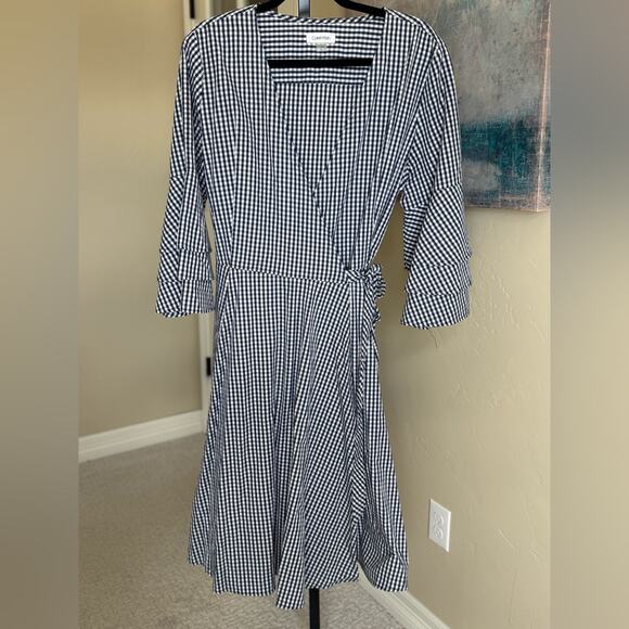 Calvin Klein Gingham Cotton Wrap Dress Navy and White Women’s size 12 - Picture 2 of 6